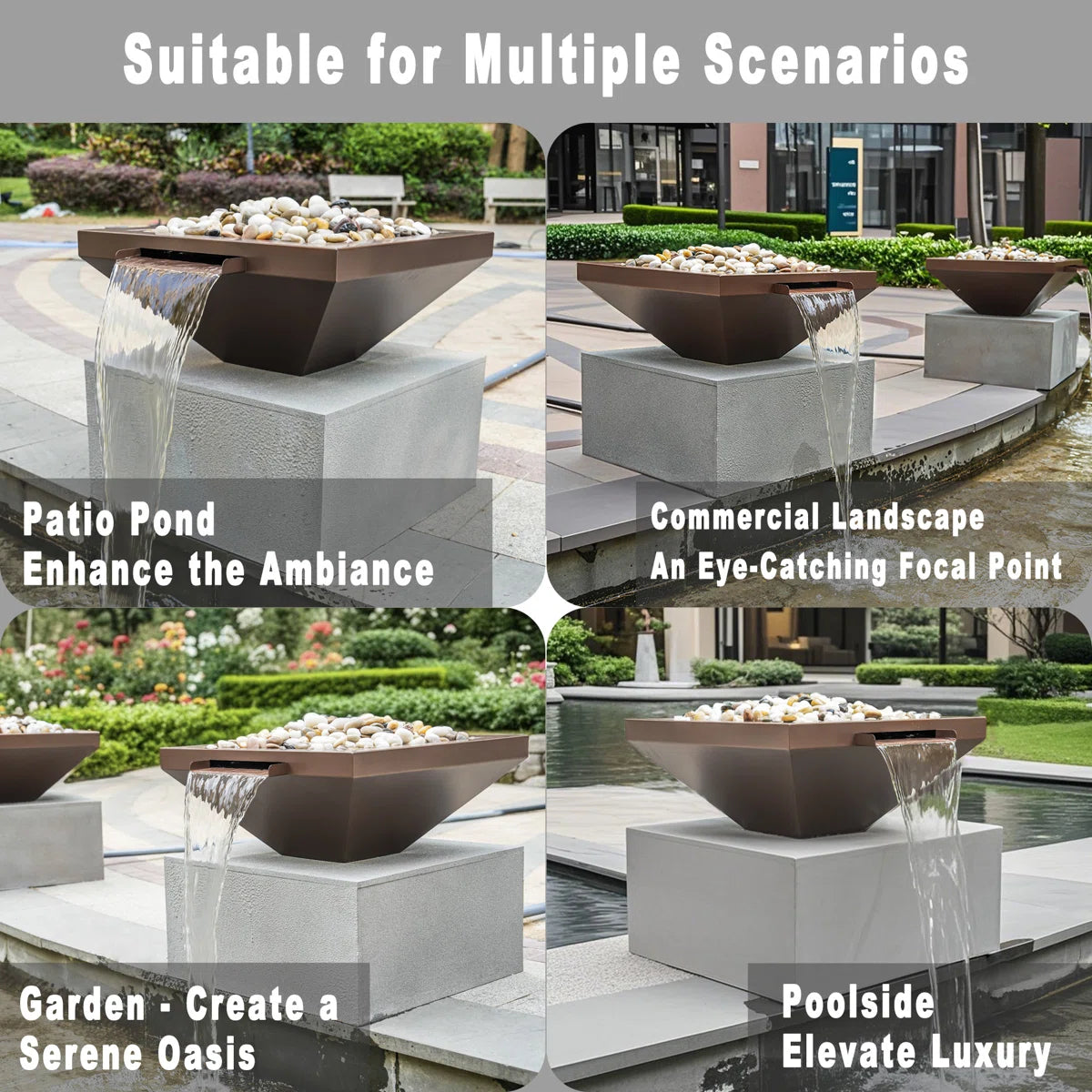 24" Square Garden Water Bowl, Stainless Steel Spilling Water Feature for Outdoor Ponds, and Other Landscaped Areas (Antique Brown Coated)