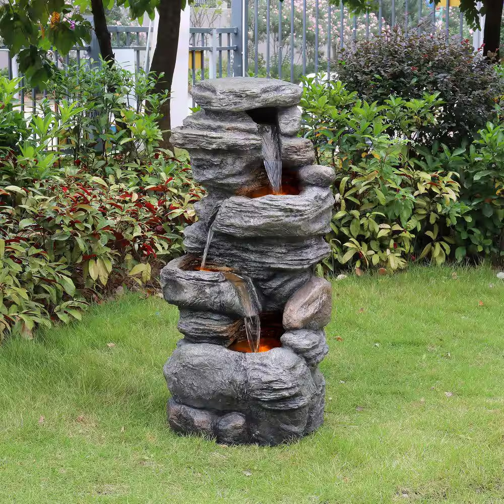 39.37 In. 4-Tier Outdoor Faux Stacked Stone Gray Tiered Water Fountain with LED Lights and Pump