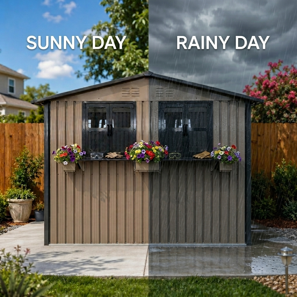 6x9 FT Outdoor Metal Storage Shed with Window & Flower Rack