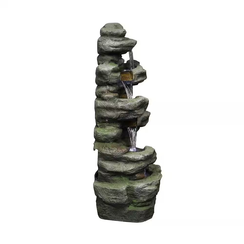 30. 7In. H Resin 6-Tier Cascading Rock Tiered Fountain with LED Lights for Garden and Patio Decor