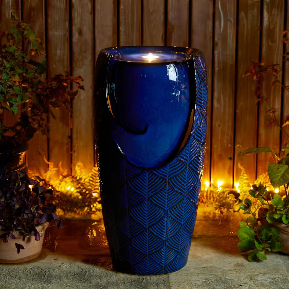 29.25 In. H Outdoor Oversized Cobalt Blue Scale-Like Textured Glaze Ceramic Pot Floor Fountain with LED Light