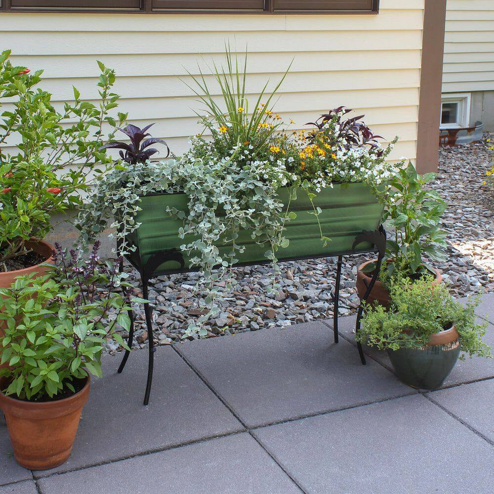 25.75 In. H Rectangular Classic Green Galvanized Steel Large Flower Box W/ Black Wrought Iron Flora Stand