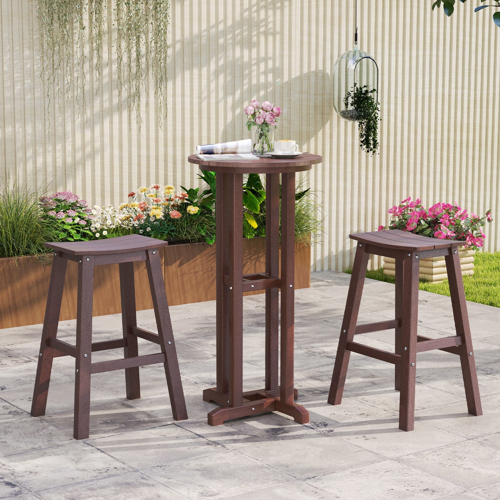 29 Inch HDPE Patio Bar Stool Set of 2 Armless Saddle Stools-Brown