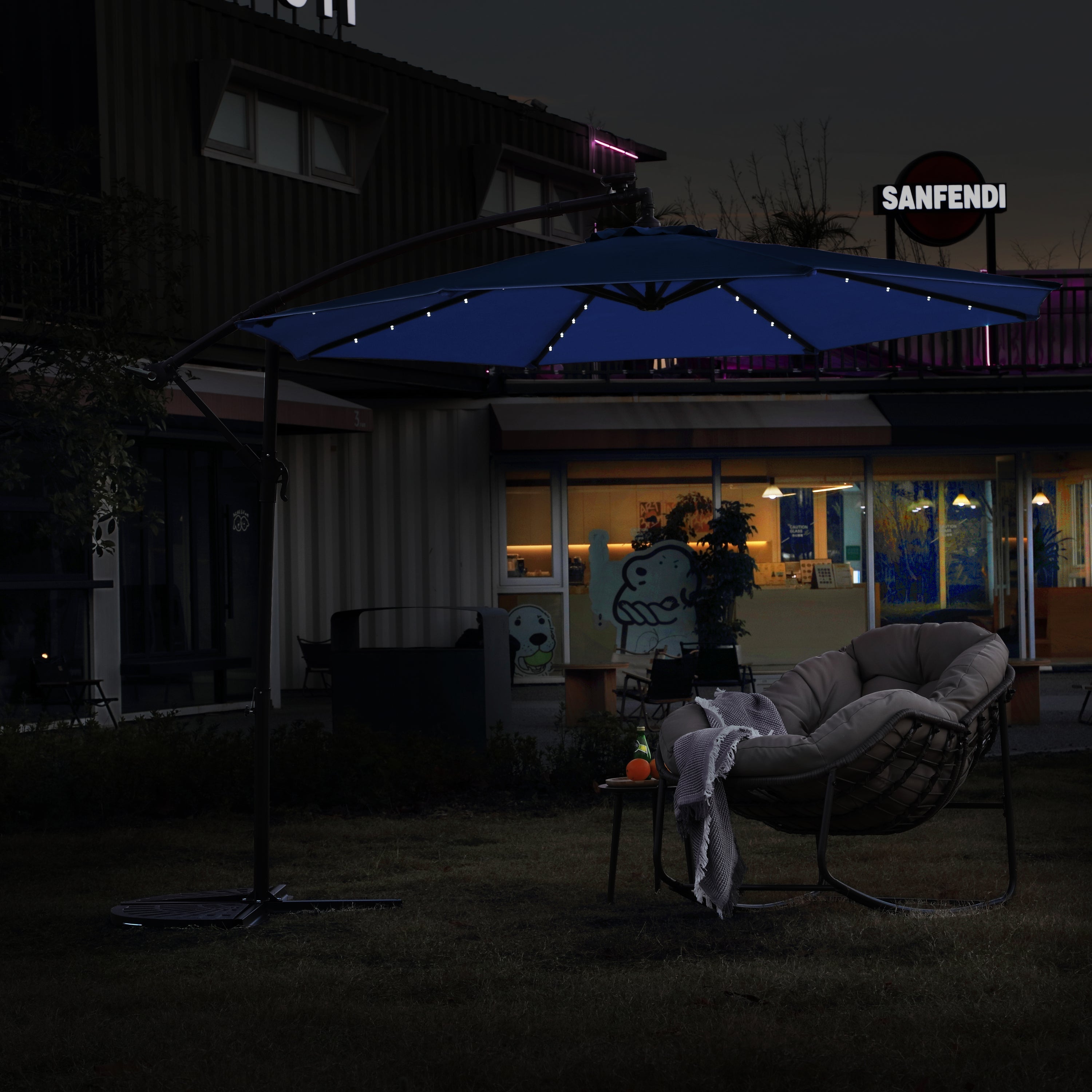 10ft Solar LED Offset Hanging Market Patio Umbrella - Navy Blue