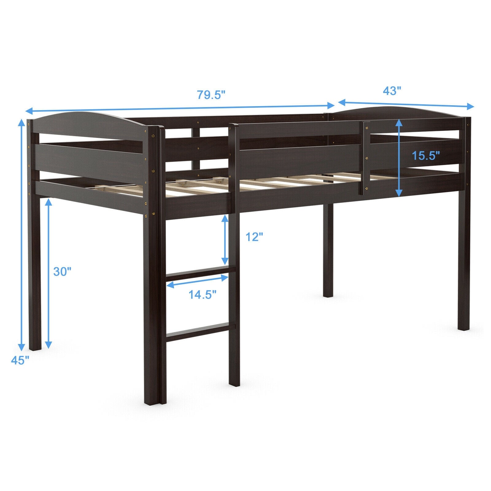 Wooden Twin Low Loft Bunk Bed with Guard Rail and Ladder-Dark Brown