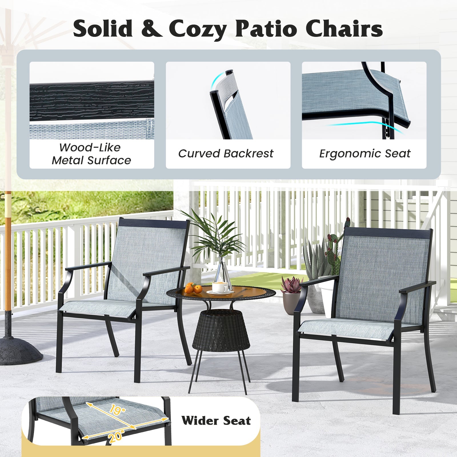 2 Piece Patio Dining Chairs Large Outdoor Chairs with Breathable Seat and Metal Frame-Blue