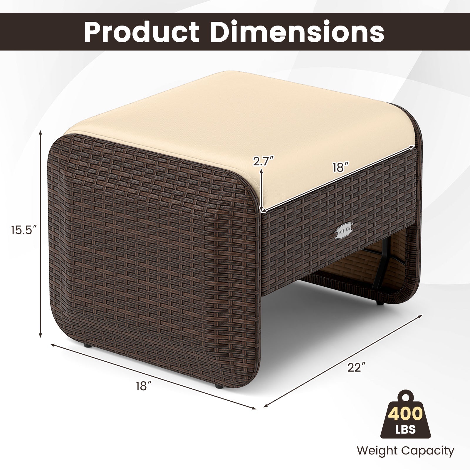 2 Pieces Outdoor Patio PE Wicker Ottomans with Removable Cushions-Brown