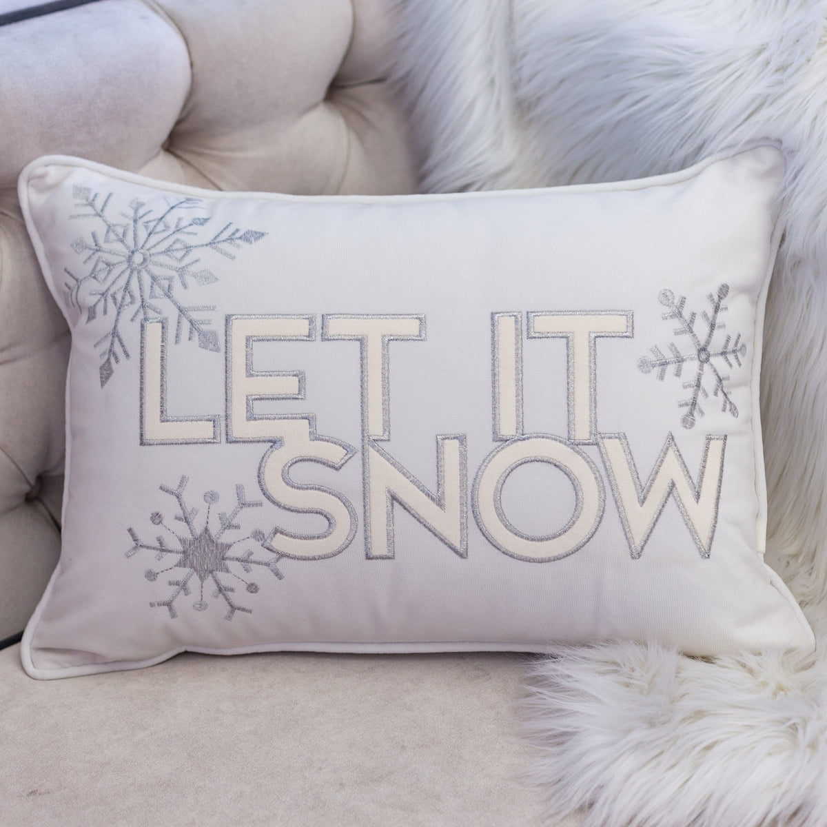 Ivory Velvet Lumbar Pillow with Embroidered 'Let It Snow' and Insert - 14x20