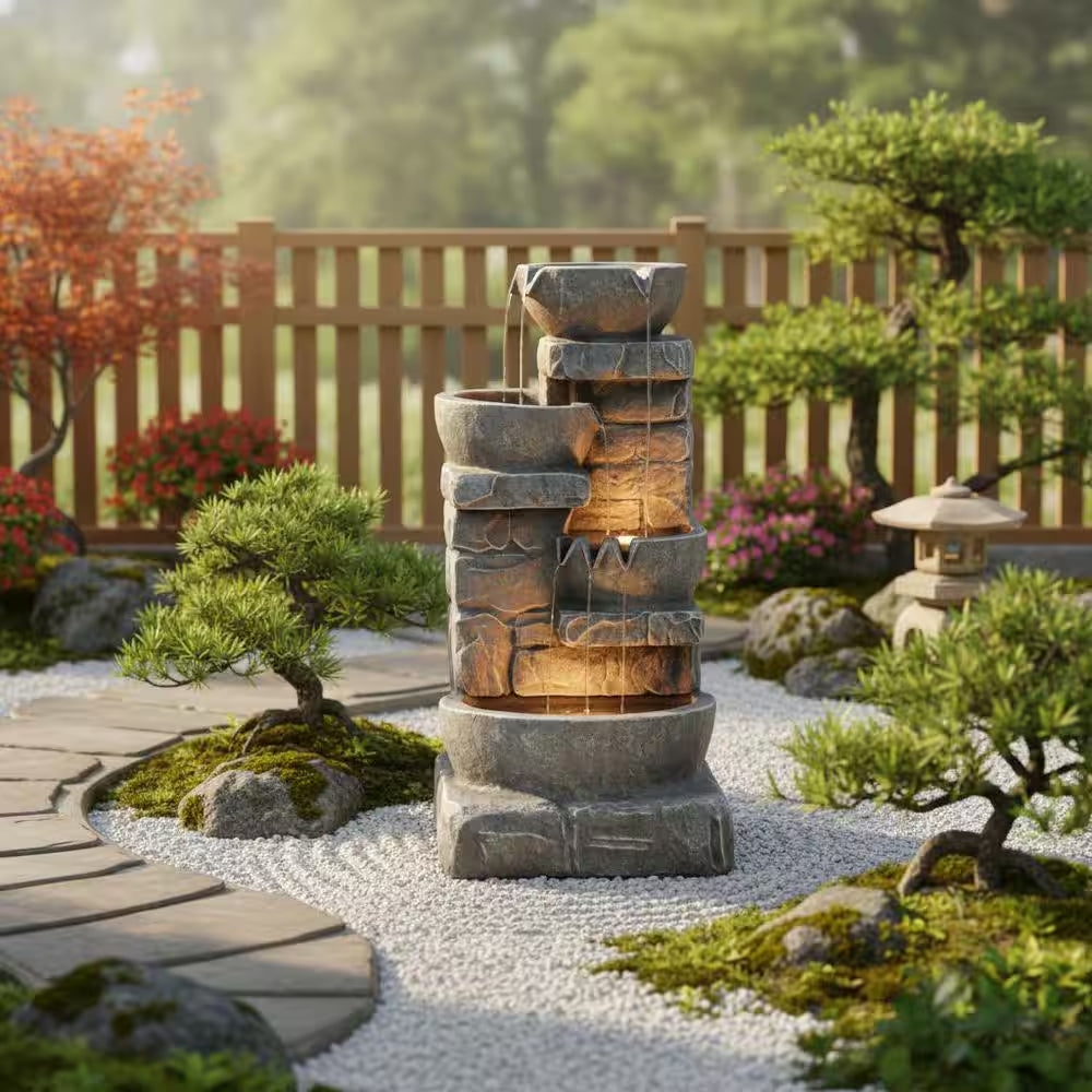 Zen Garden 33 In. Stone-Texture Polyresin Cascading Waterfall Fountain with LED Lights
