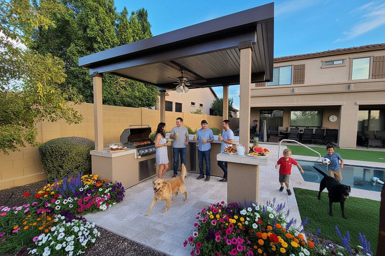 KoKoMo Outdoor Kitchen BBQ Island with 12' x 12' Pergola – Built-In 4-Burner Grill, Refrigerator, and Lighting