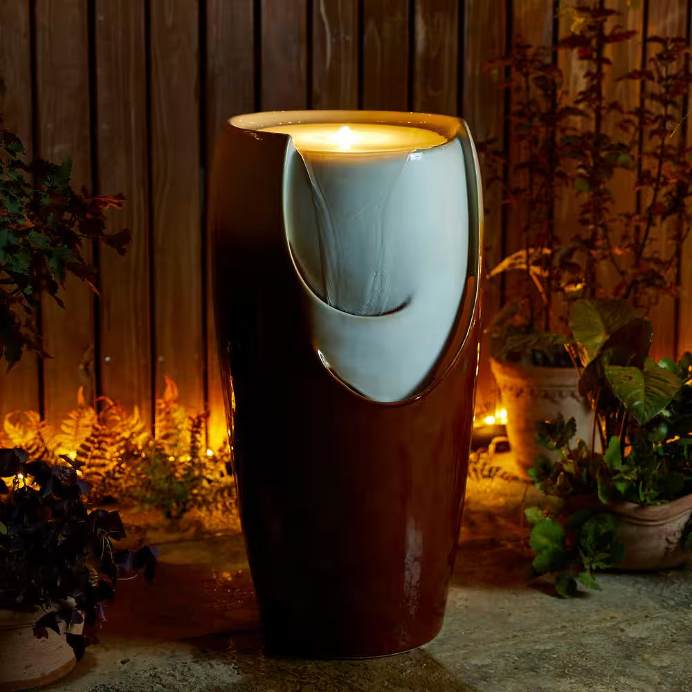 29.25 In. H Outdoor Oversized Sand Beige and Brown Glaze Ceramic Pot Water Floor Fountain with LED Light