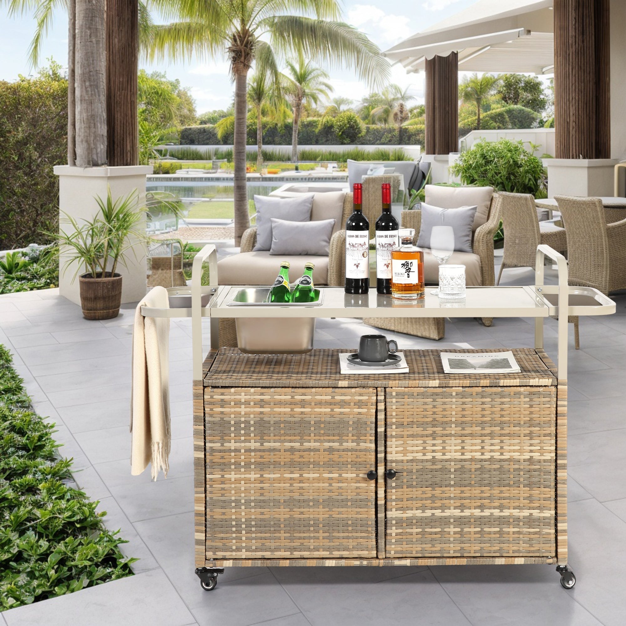 Outdoor Bar Table with Wicker Cabinet and Steel Top