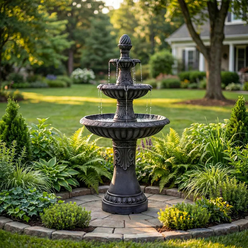 51.51In Vintage Carved 3 Tier Fountain Classic European Outdoor Water Feature with Dual Tier Light Rings ETL Certified Pump