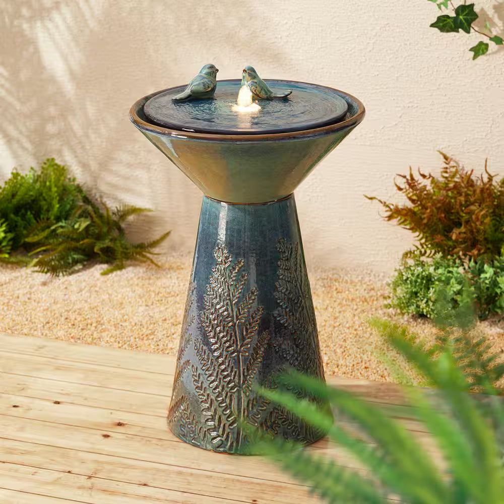 27.5 In. H Turquoise 2 Birds Embossed Plant Pattern Pedestal Ceramic Fountain with Pump and LED Light (KD)