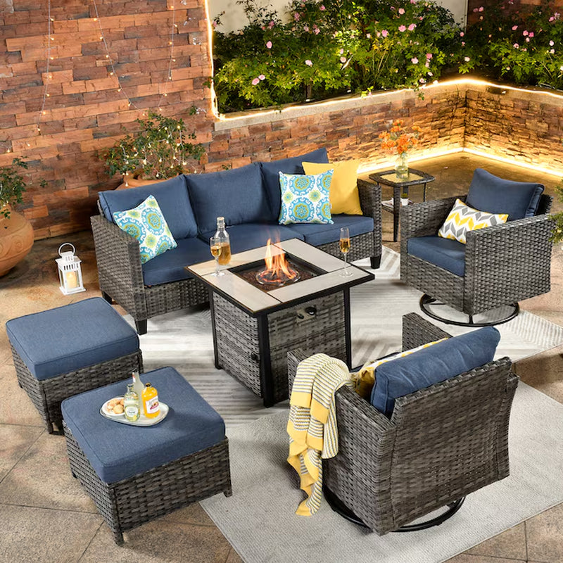 Lullaby 7 -Piece Rattan Patio Sofa Conversation Set with Gray Cushions