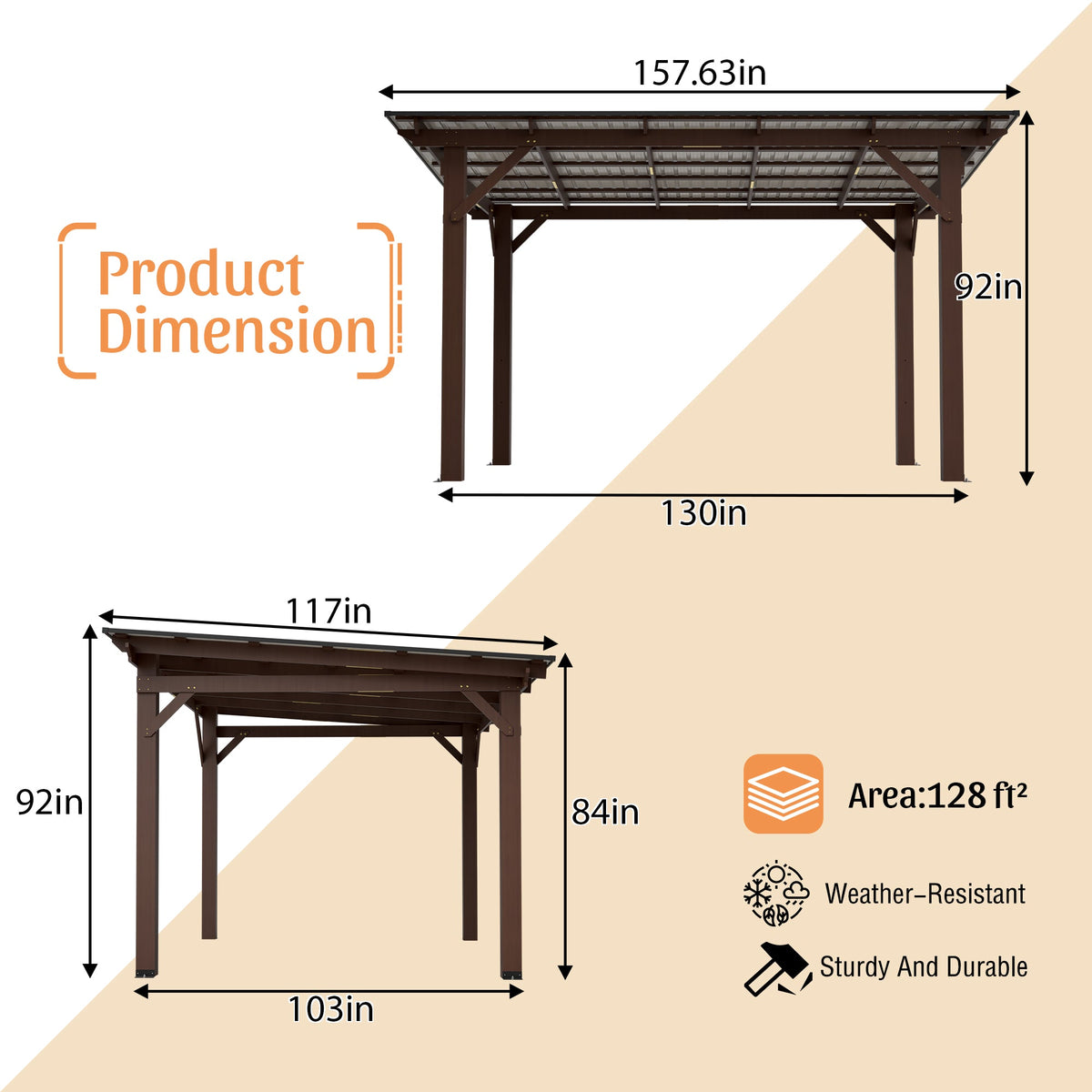 Wooden Garden Gazebo with Metal Roof - 13x10ft Outdoor Pergola - Brown