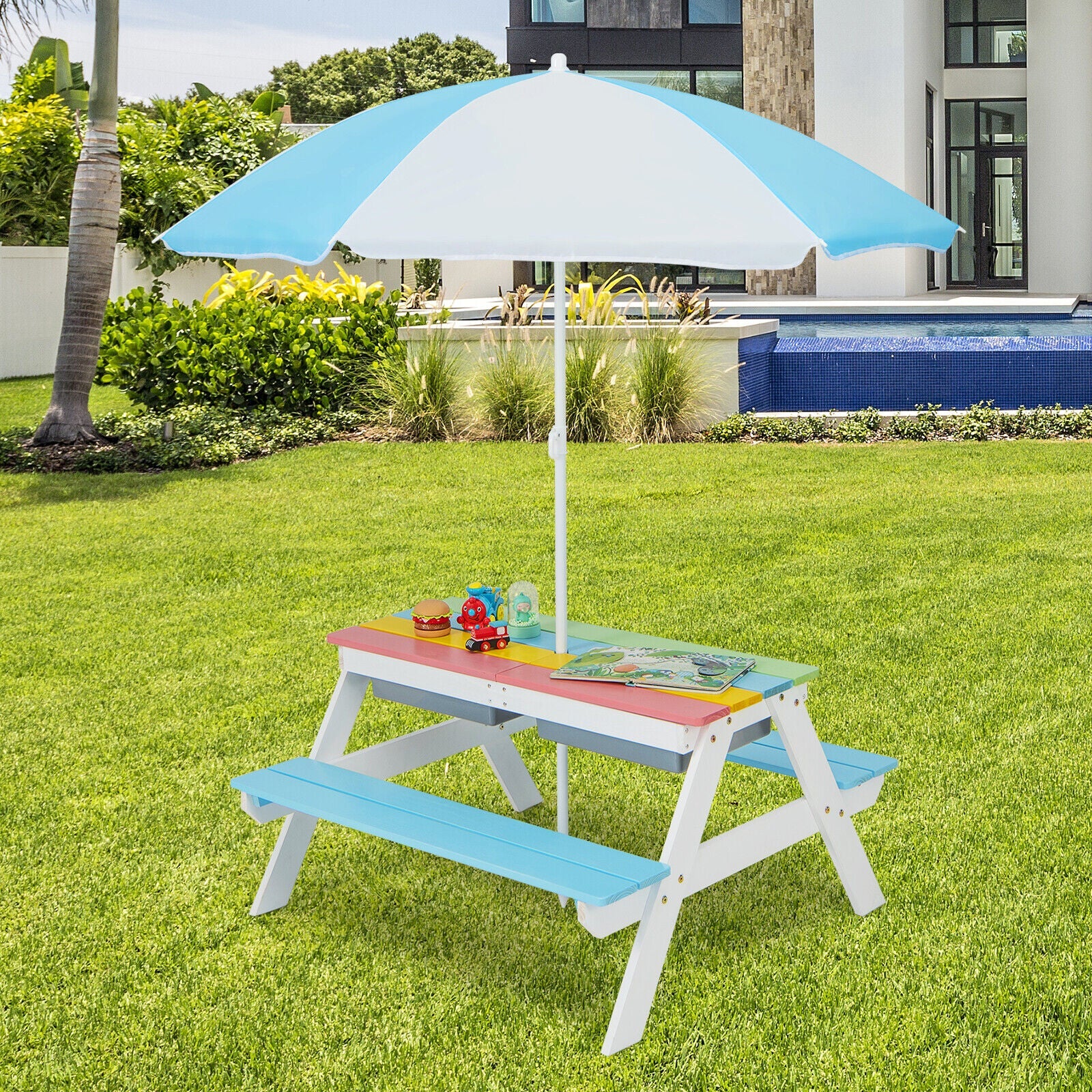 3-in-1 Kids Outdoor Picnic Water Sand Table with