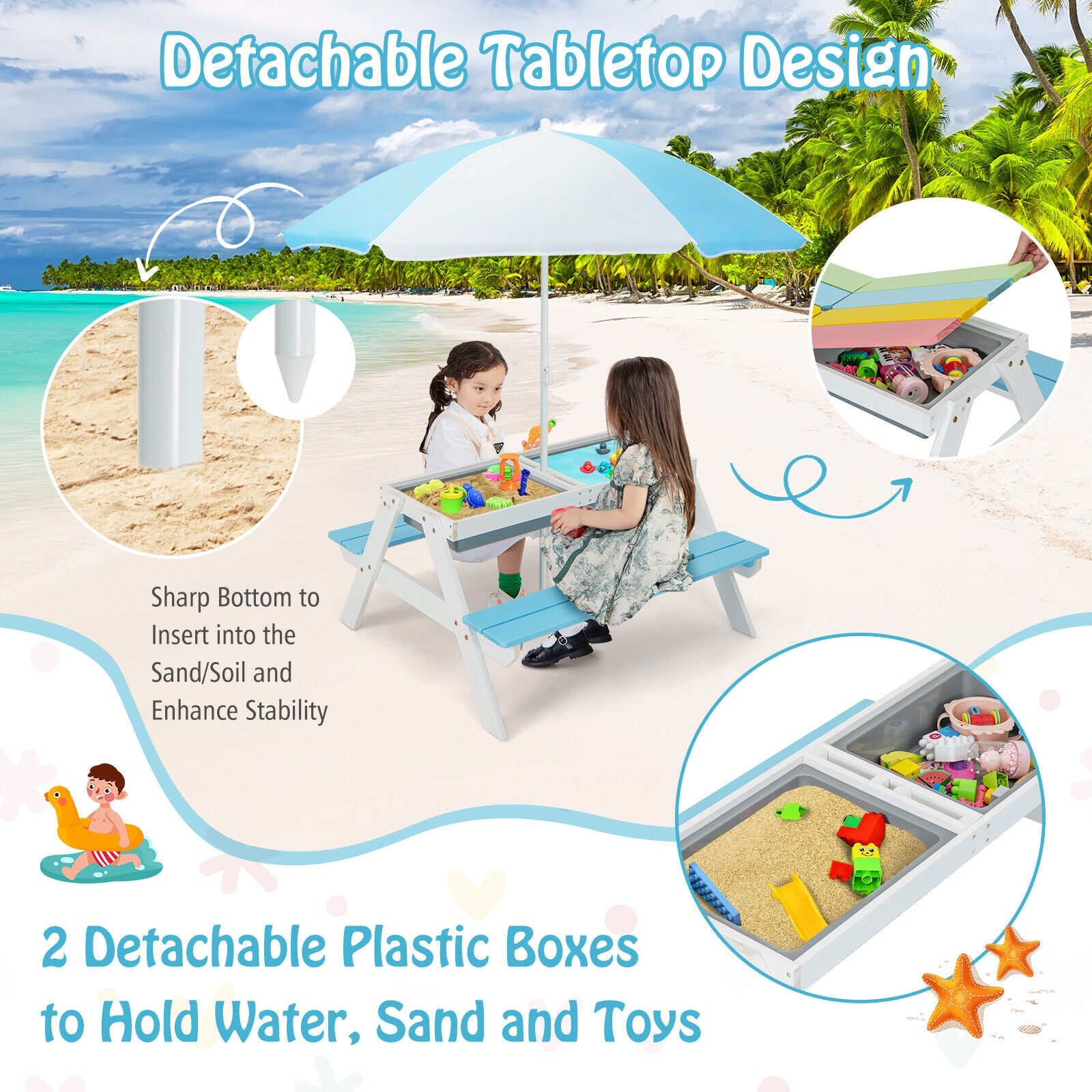 3-in-1 Kids Outdoor Picnic Water Sand Table with