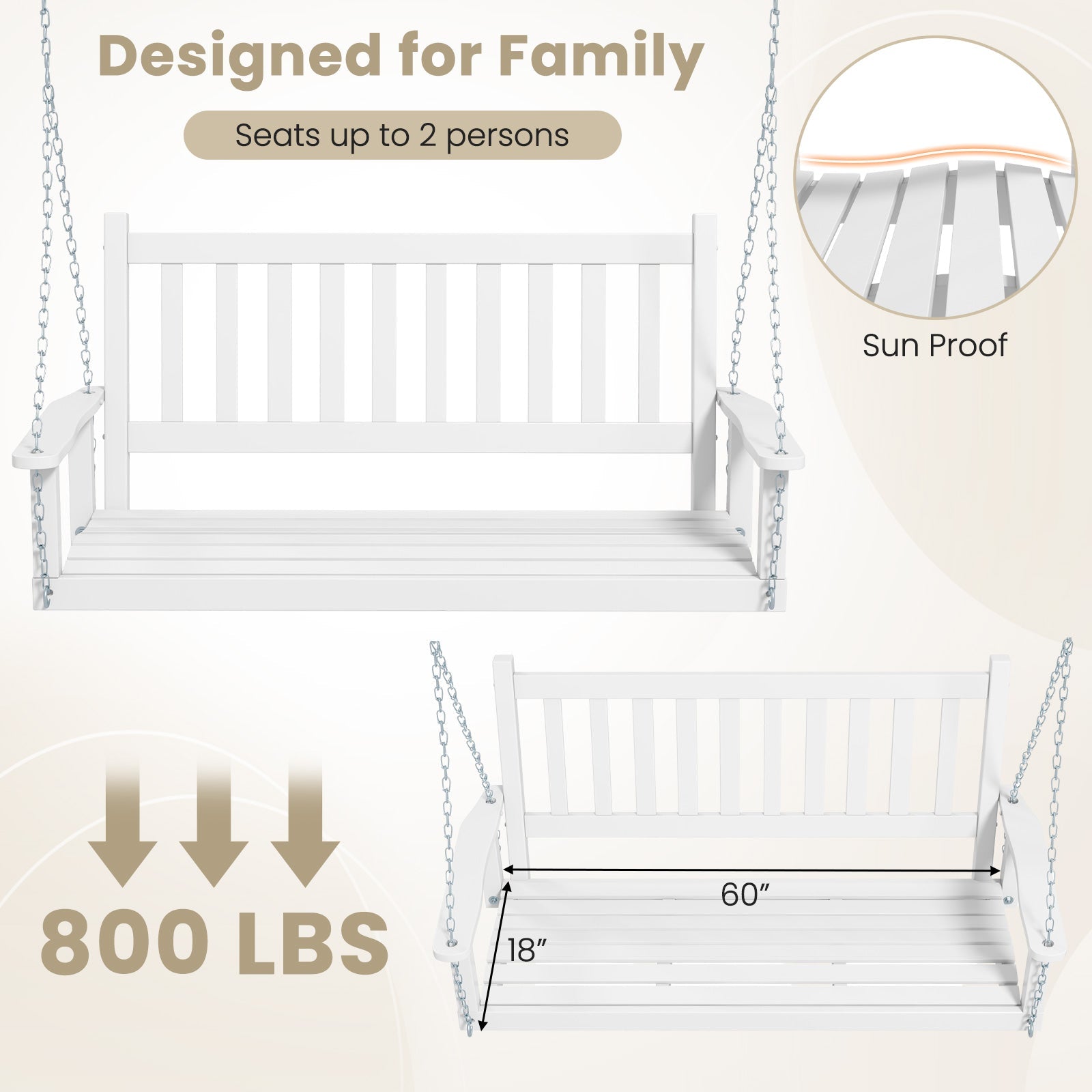 3-Person Wooden Outdoor Porch Swing with 800 lbs Weight Capacity