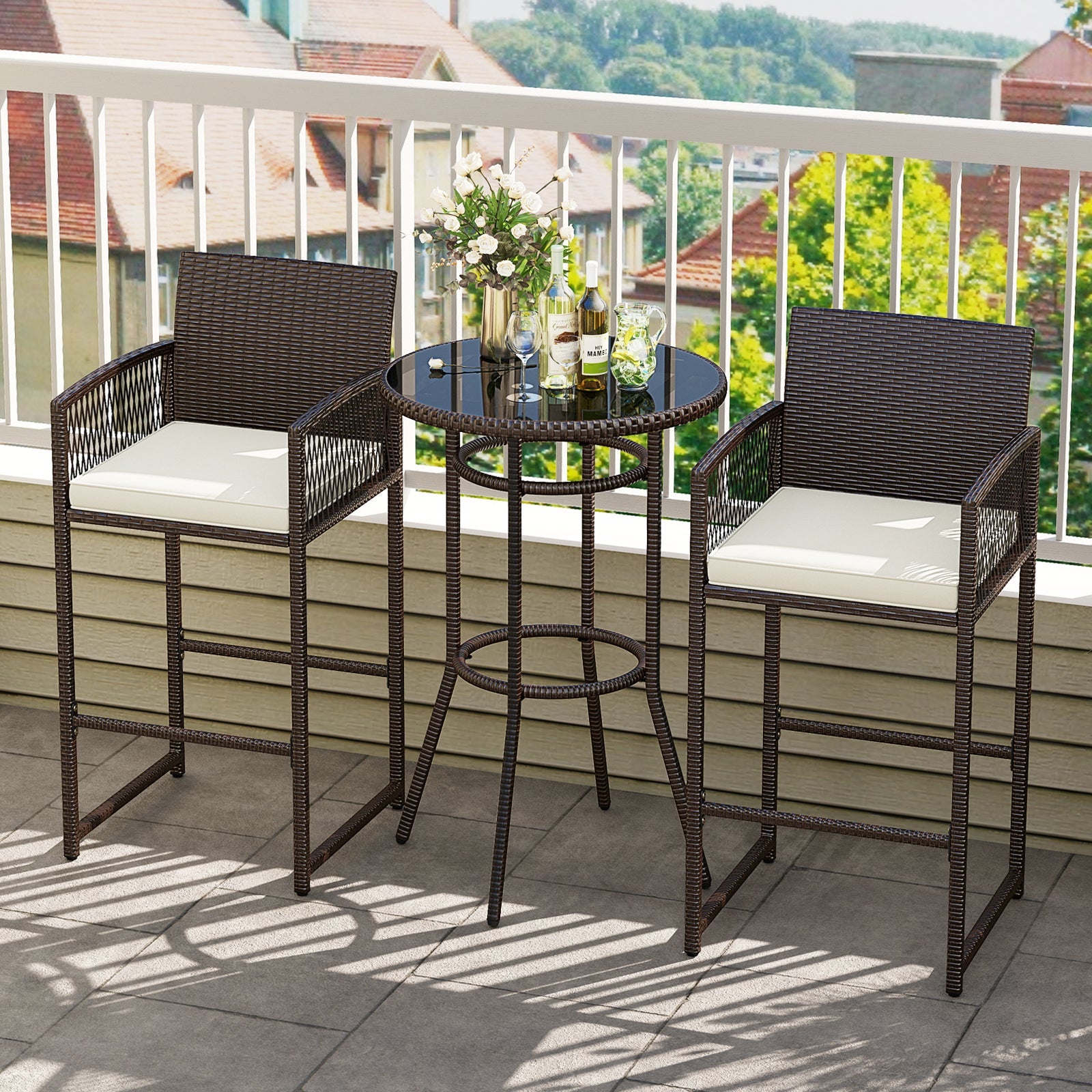 3 Piece Patio Bar Set Outdoor Wicker Bar Height Round Table and Armchairs-White