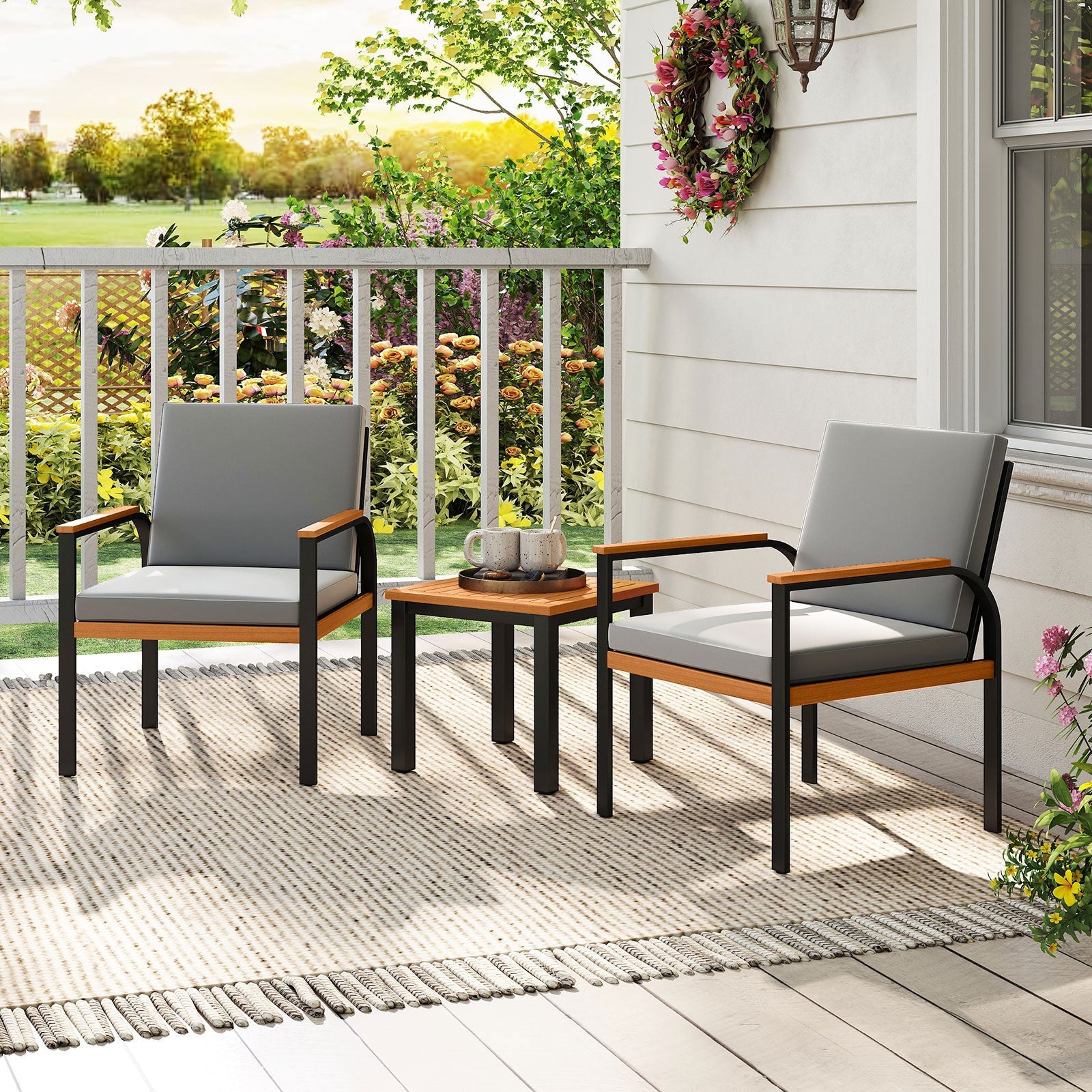 3 Piece Patio Furniture Set Outdoor Conversation Set with Coffee Table-Grey