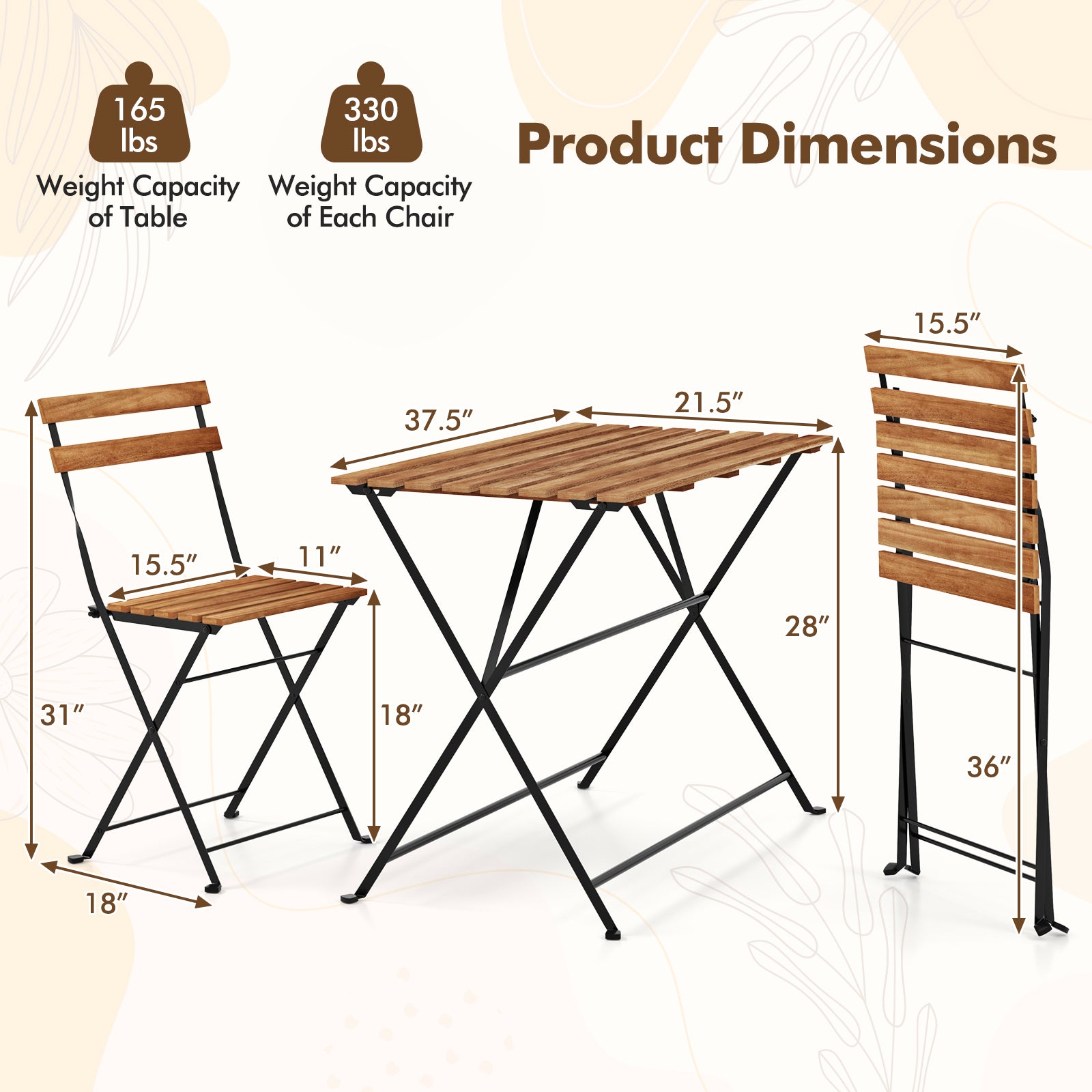 5 Piece Patio Acacia Wood Dining Set with 4 Folding Chairs-Brown