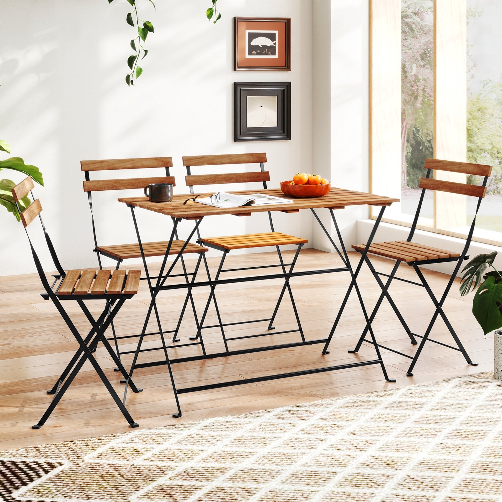 5 Piece Patio Acacia Wood Dining Set with 4 Folding Chairs-Brown