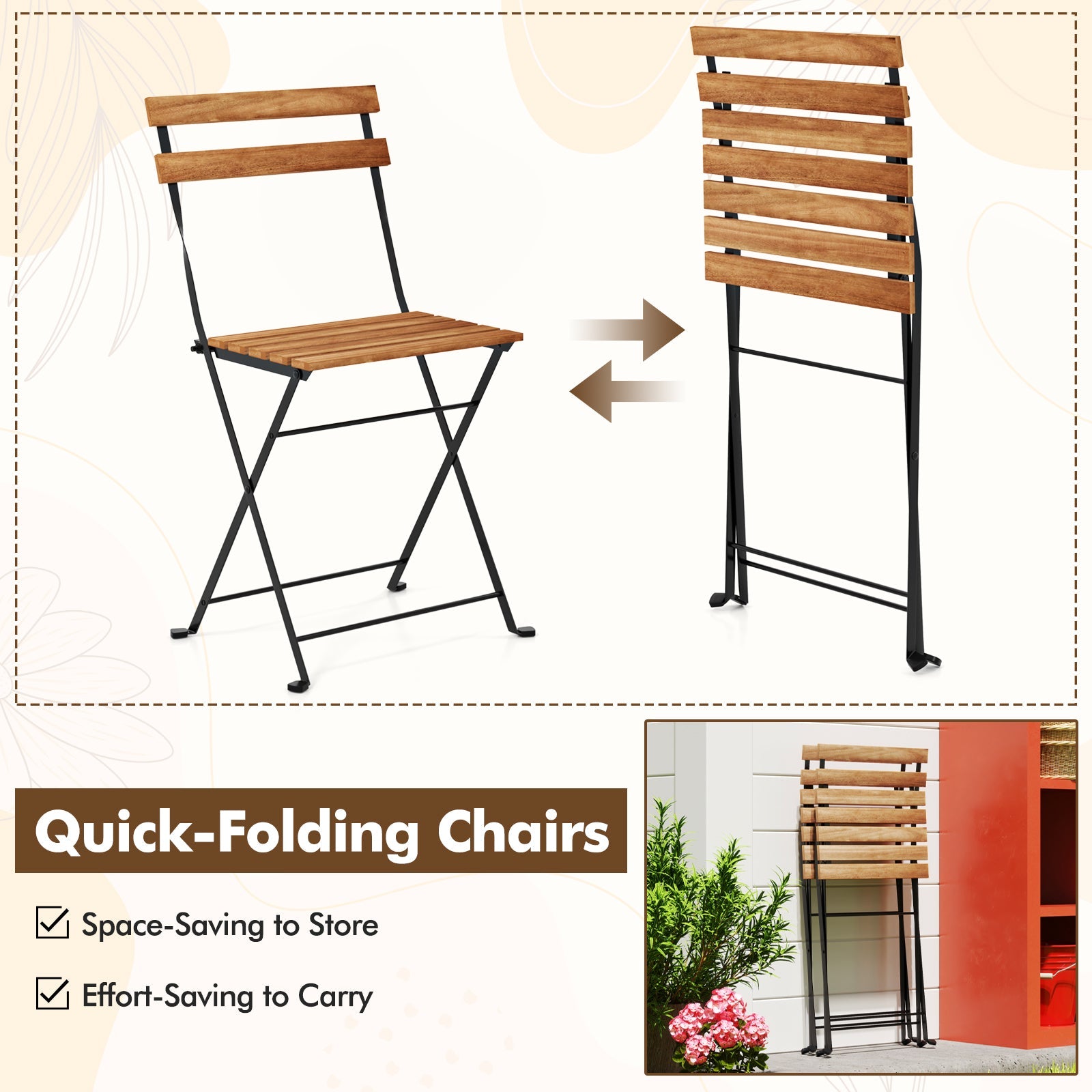 5 Piece Patio Acacia Wood Dining Set with 4 Folding Chairs-Brown