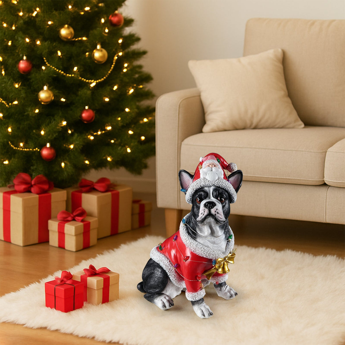 Christmas French Bulldog Statue with Santa Outfit - Holiday Dog Figurine