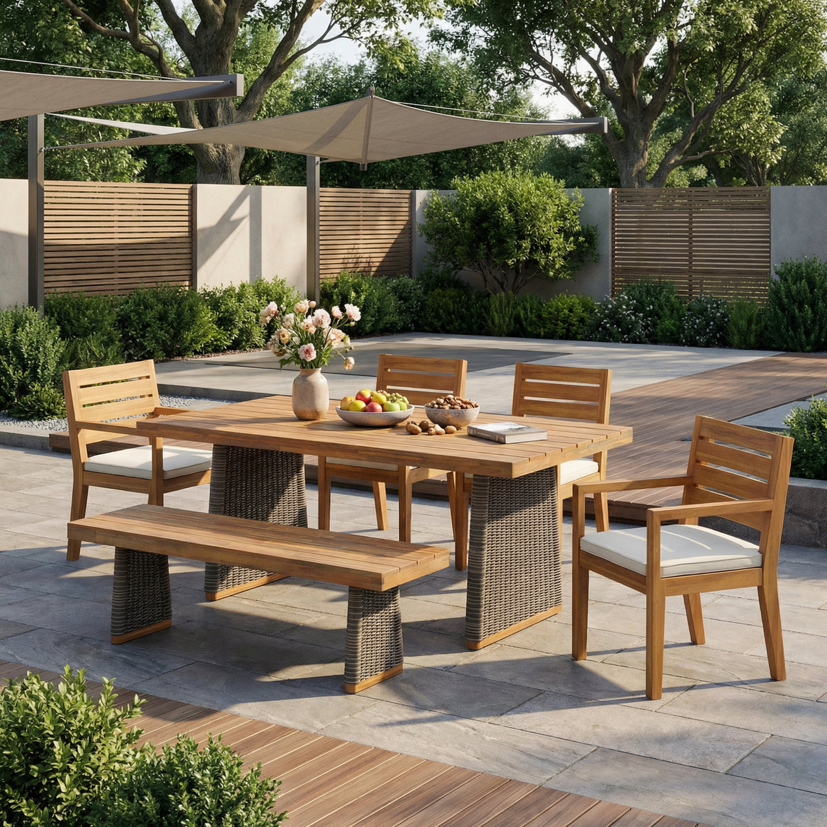 6 Pieces Outdoor Acacia Wood Dining Set With Handwoven Rattan Legs