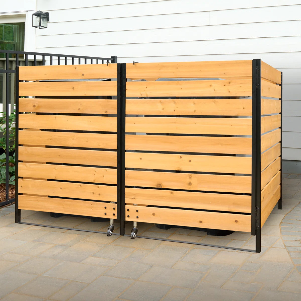 Enclosed Outdoor Trash Can Storage Shed, Outdoor Storage Cabinet, Dual Trash Bin Fence, Rolling Doors, Garbage Can Enclosure, Hide Garbage Bins