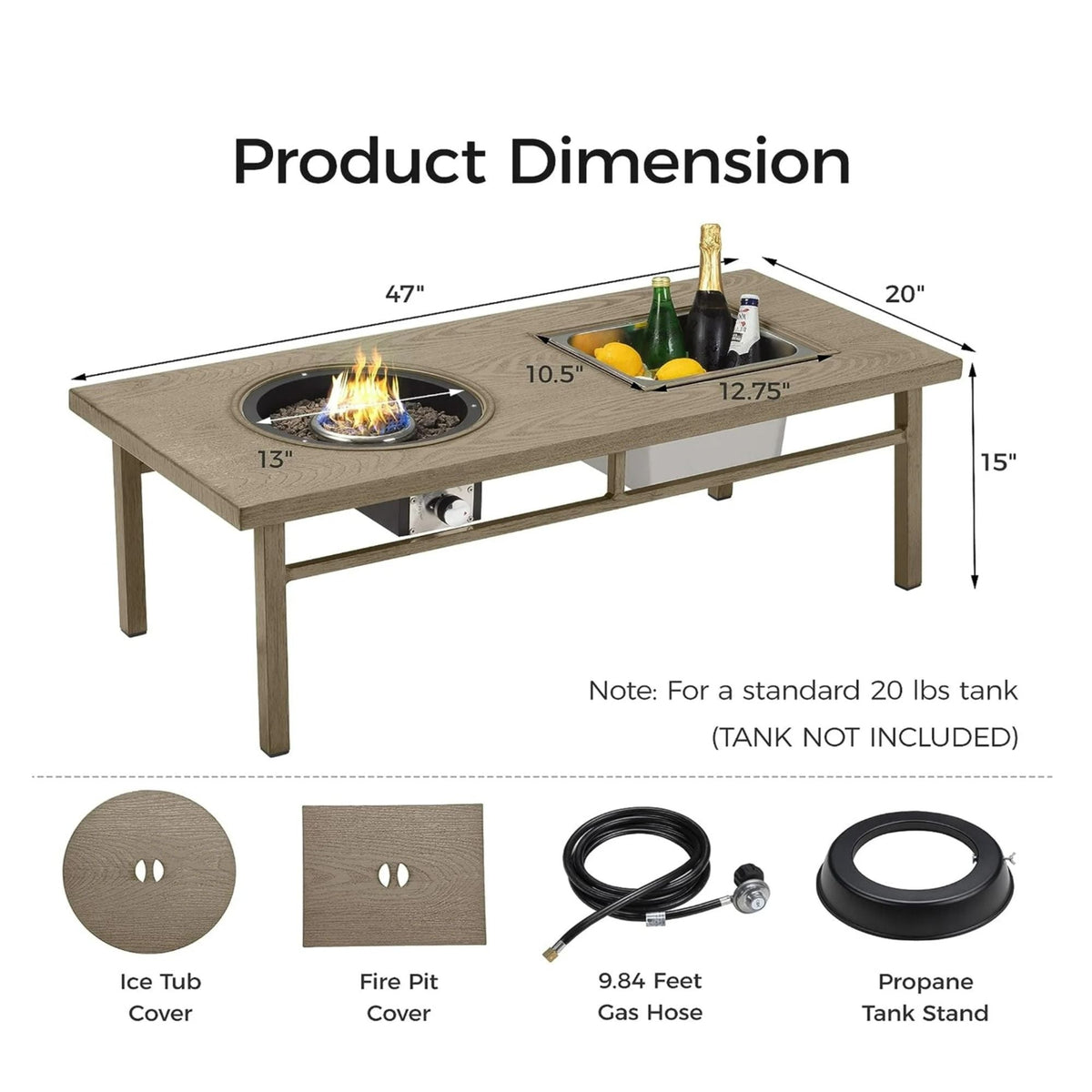 3 In 1 Outdoor Propane Fire Pit Table with Ice Bucket - Beige