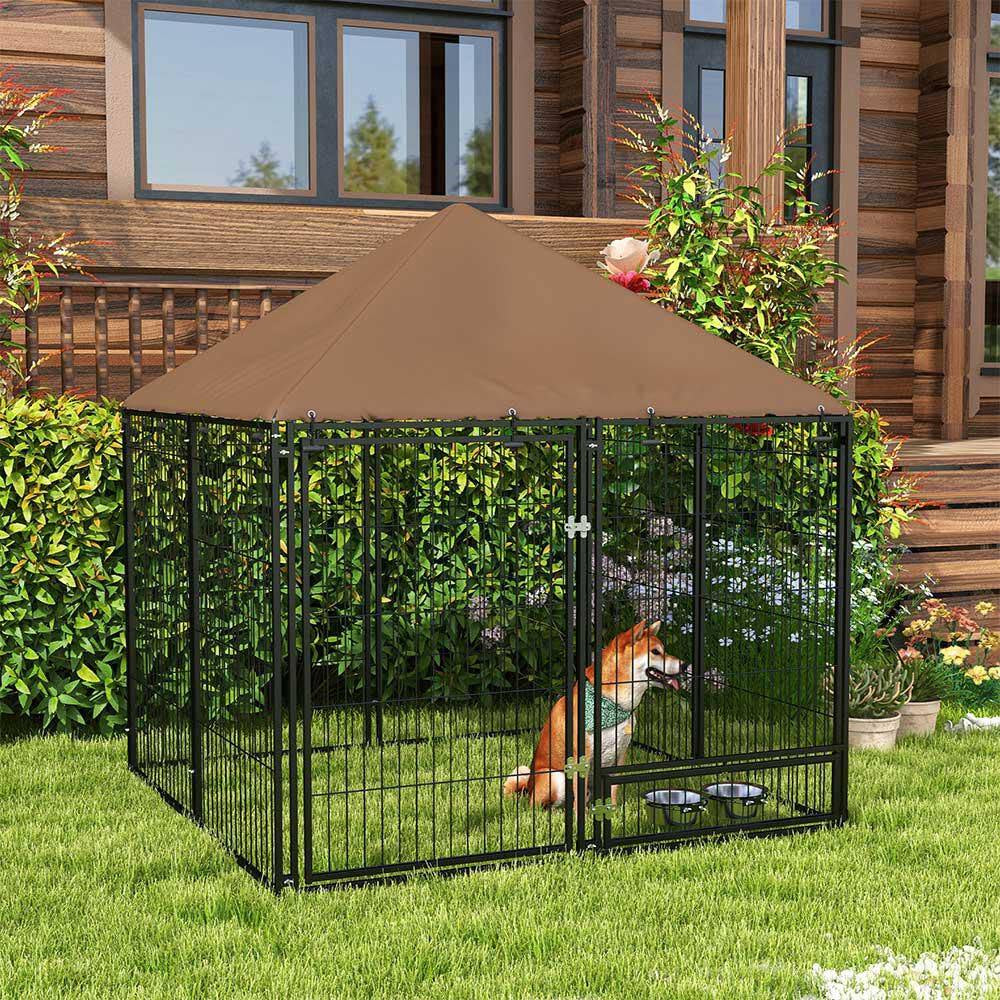 59.5 In. H Metal Garden Fence Outdoor Dog Kennel with Canopy and Rotating Bowl