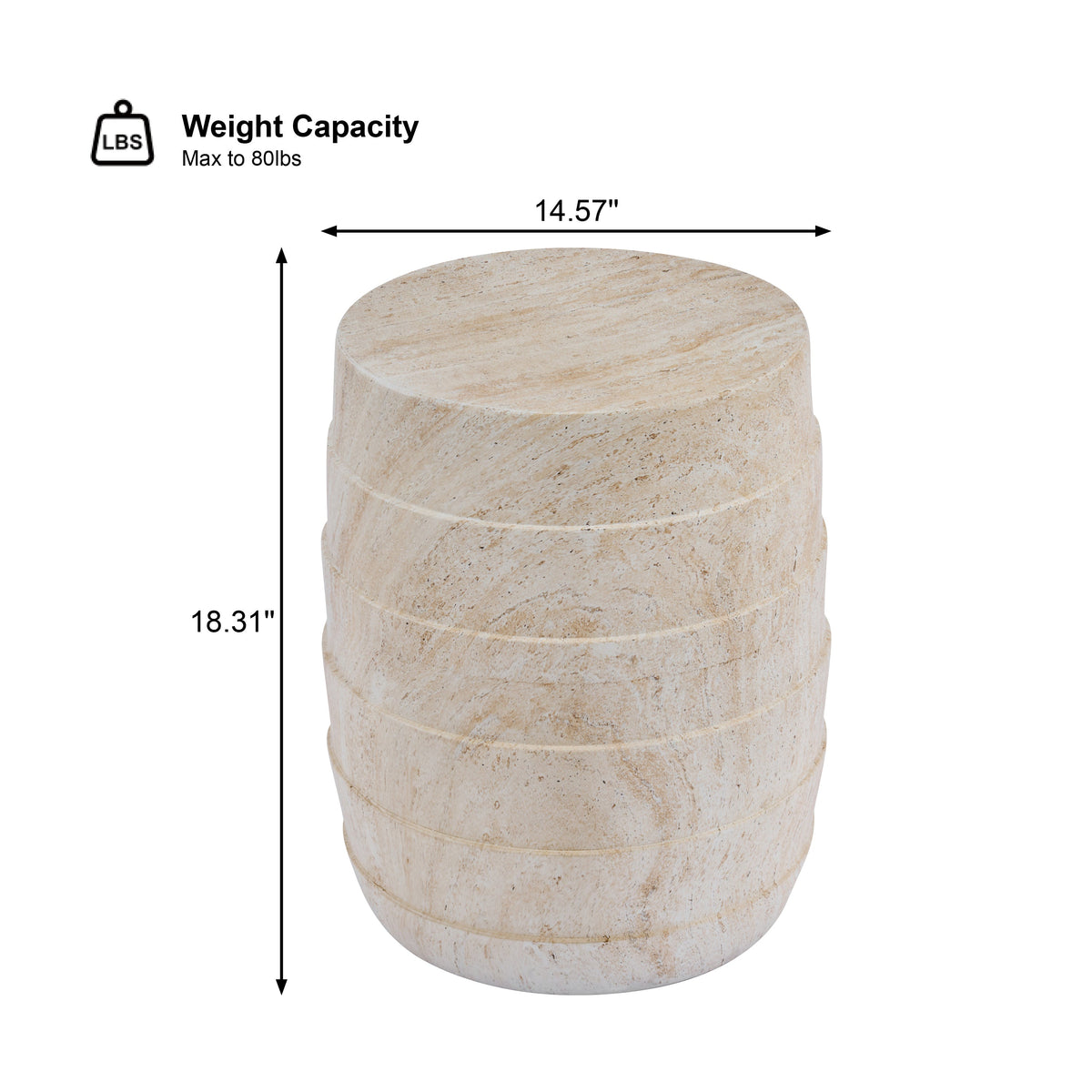 Modern Cylindrical Travertine-Look Outdoor Side Table with Ribbed Texture - Light Beige
