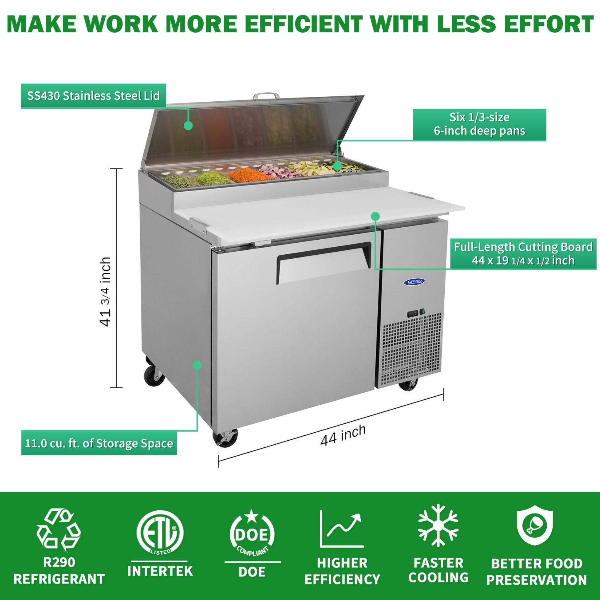 44-Inch Commercial Pizza Prep Table With Built-In 11 Cu.Ft Refrigerator
