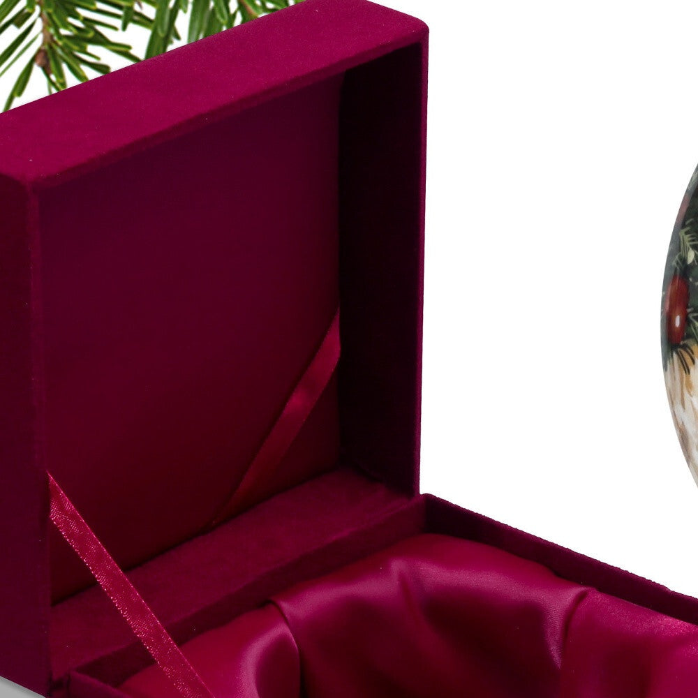 Puppy under the Christmas Tree Hand Painted Mouth Blown Glass Ornament
