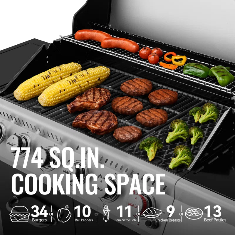 6 - Burner Free Standing Liquid Propane Gas Grill with Side Burner and Cabinet