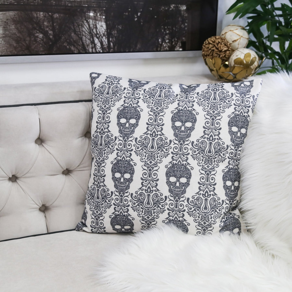Gothic Damask Skull Throw Pillow Cover with Hidden Zipper - Black & White Cotton Linen