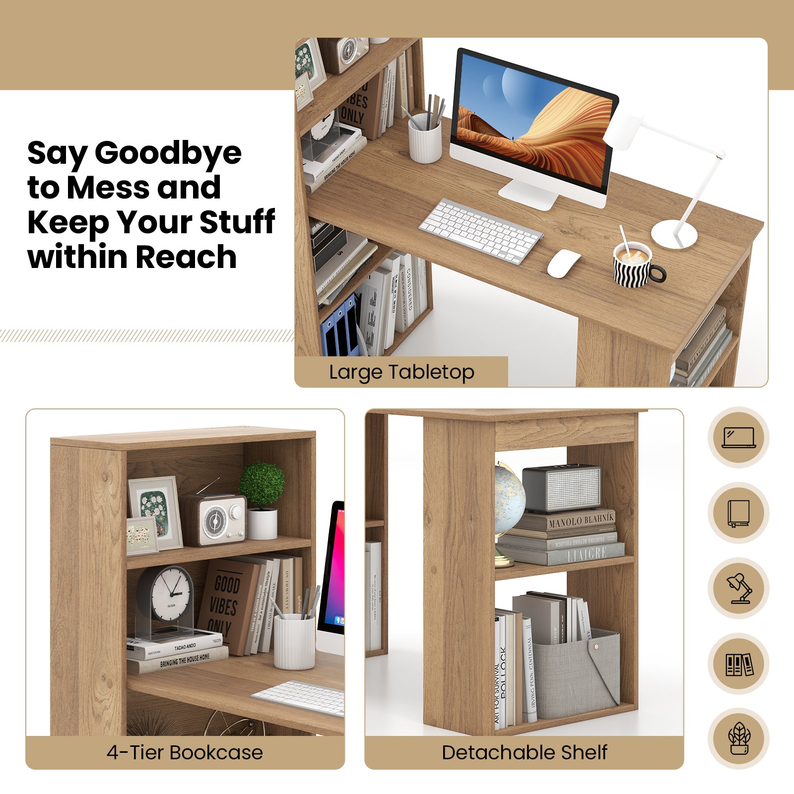48 Inch Computer Desk with 4-Tier Bookcase and CPU Stand-Natural