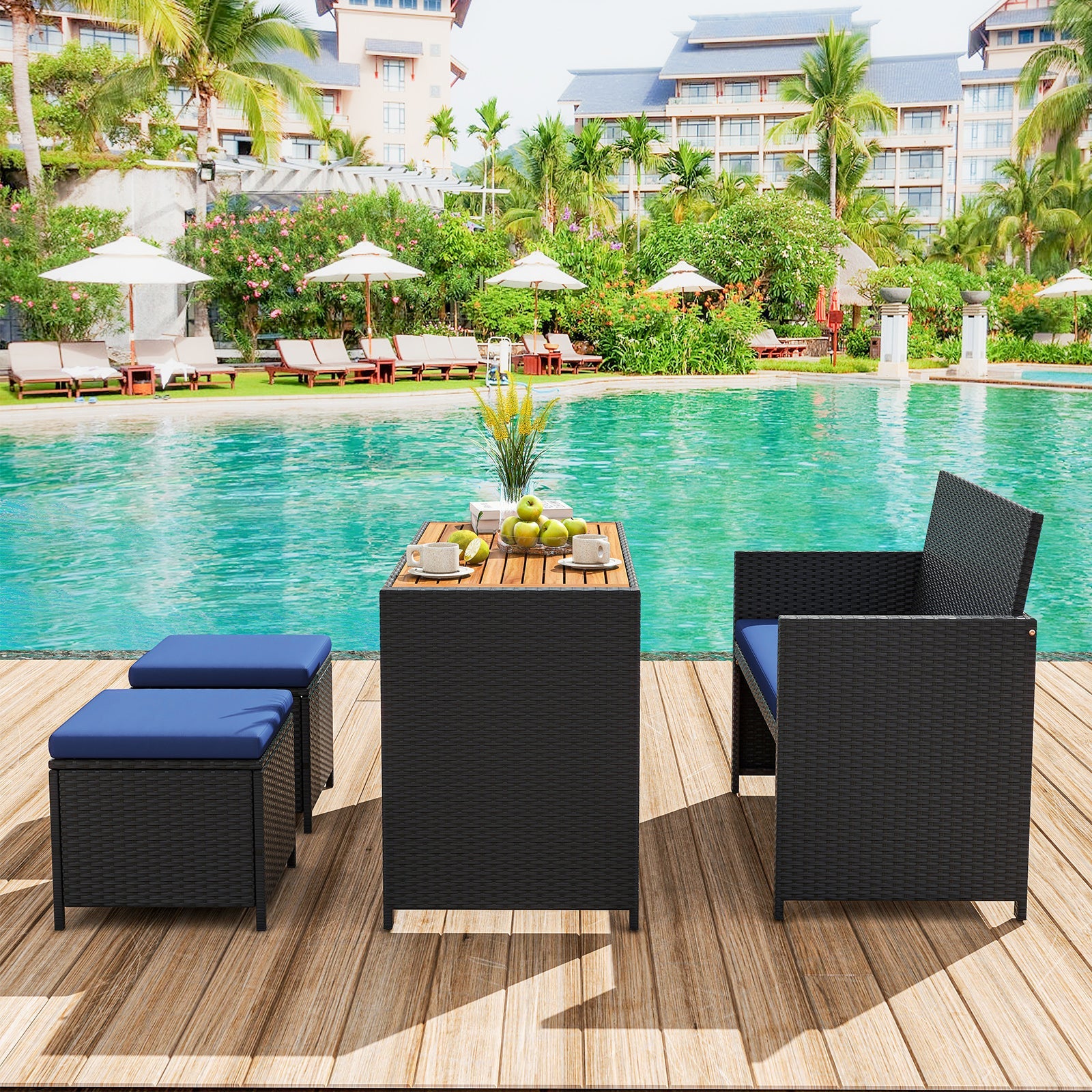 4 Piece Outdoor Dining Set with Wood Topped Dining Table Rattan Loveseat Chair and 2 Ottomans-Navy