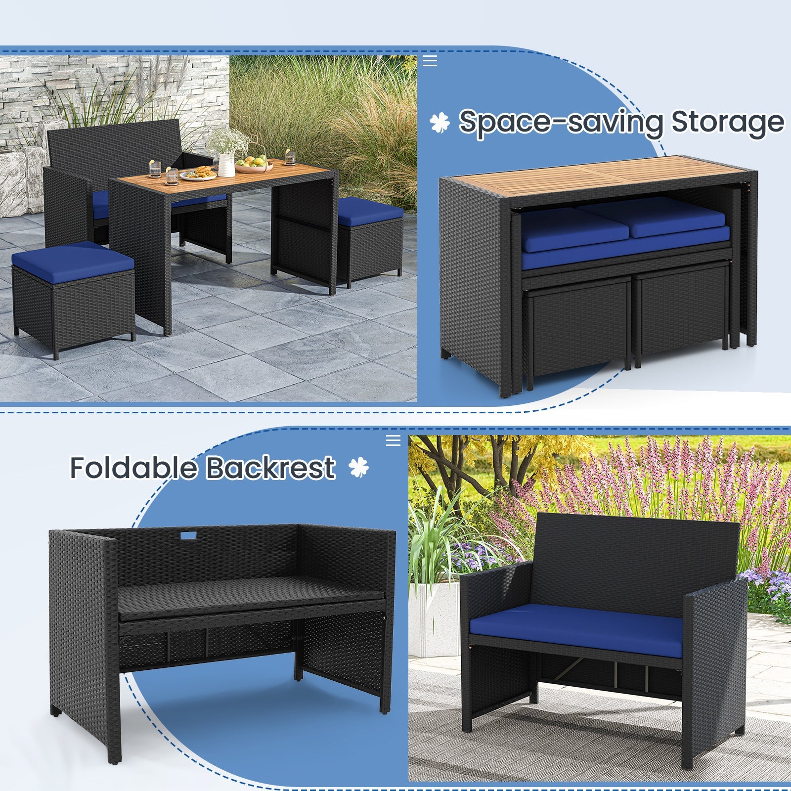 4 Piece Outdoor Dining Set with Wood Topped Dining Table Rattan Loveseat Chair and 2 Ottomans-Navy