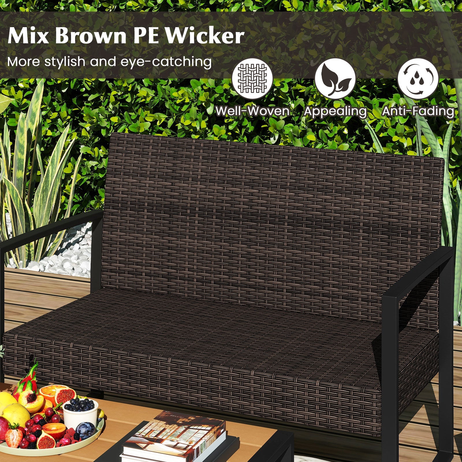 4 Piece Patio Furniture Set Outdoor Rattan Conversation Set with Cushioned Chairs and Wood Plastic Coffee Table-Off White