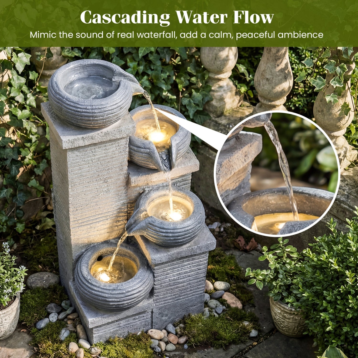 4-Tier Outdoor Water Fountain Cascading Bowl Waterfall Fountain with LED Lights