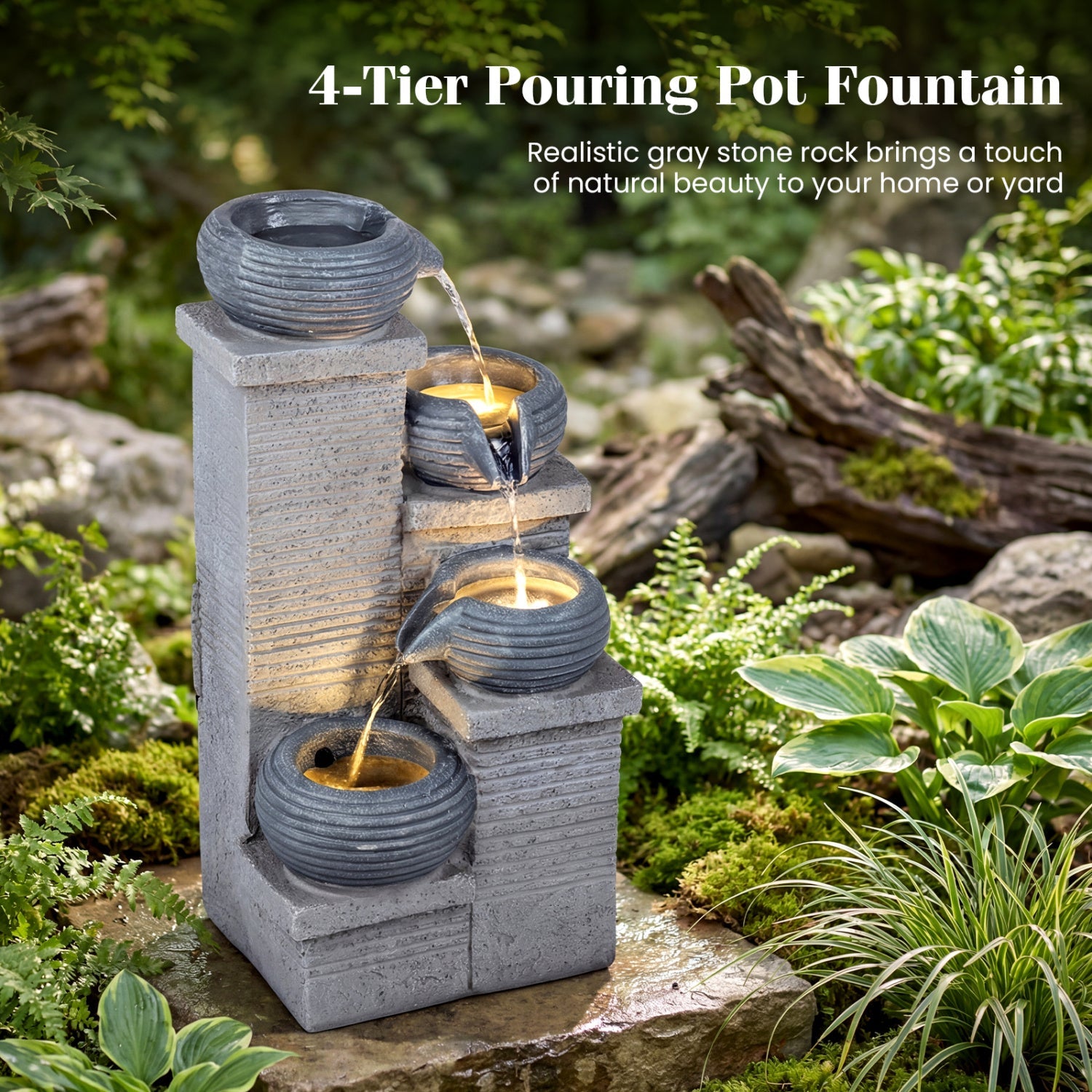 4-Tier Outdoor Water Fountain Cascading Bowl Waterfall Fountain with LED Lights