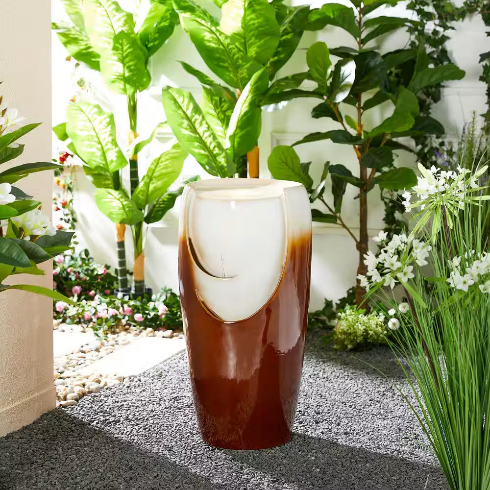 29.25 In. H Outdoor Oversized Sand Beige and Brown Glaze Ceramic Pot Water Floor Fountain with LED Light