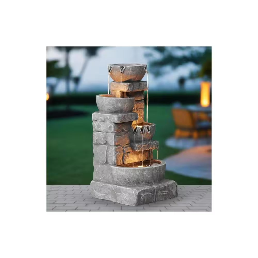 Zen Garden 33 In. Stone-Texture Polyresin Cascading Waterfall Fountain with LED Lights
