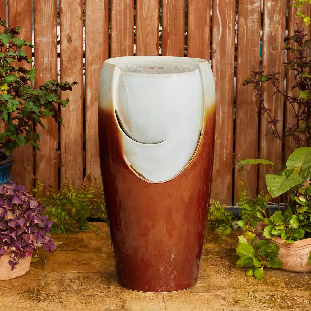 29.25 In. H Outdoor Oversized Sand Beige and Brown Glaze Ceramic Pot Water Floor Fountain with LED Light