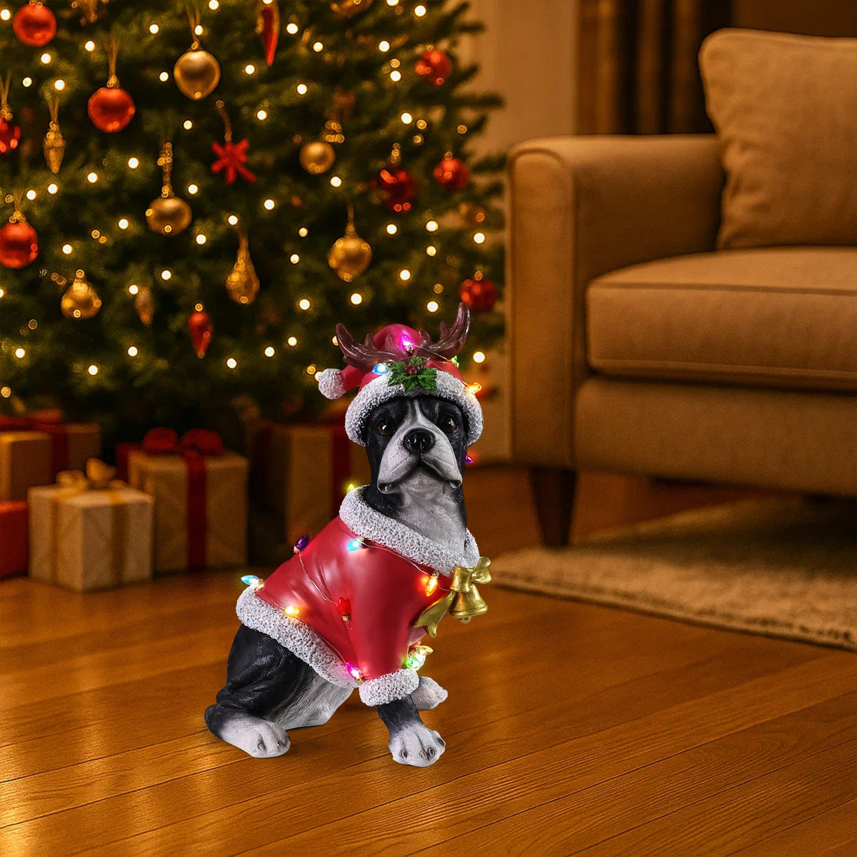 Christmas Boston Terrier Statue with Santa Outfit - Red & White