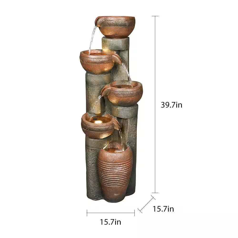 39.7 In. 5-Tier Resin Fiberglass Relaxing Outdoor Indoor Garden Water Fountain with LED Lights for House Art Decor