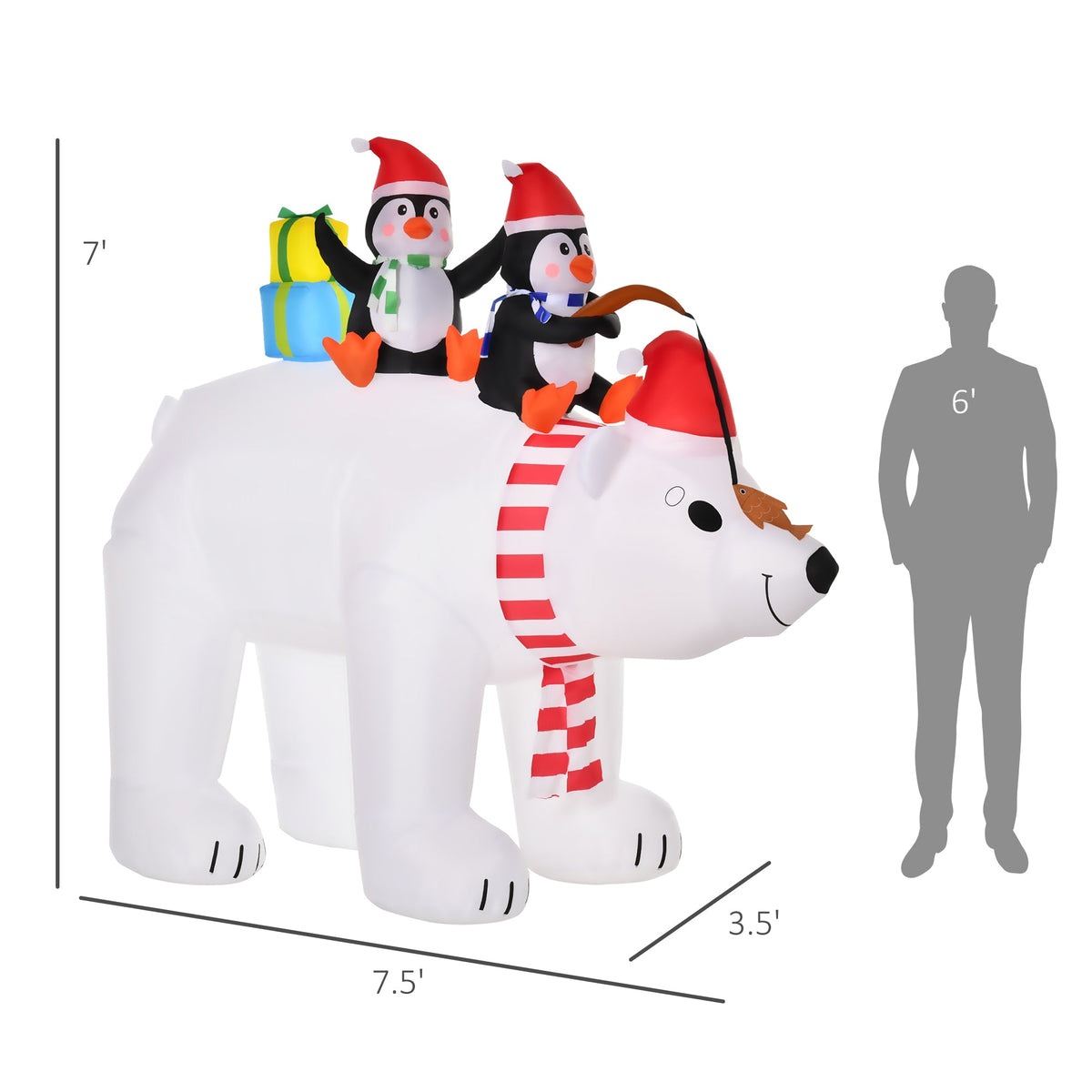 HOMCOM 7 ft Polar Bear and Penguins Christmas Inflatable, LED Lighted Outdoor Holiday Blow Up Yard Decoration